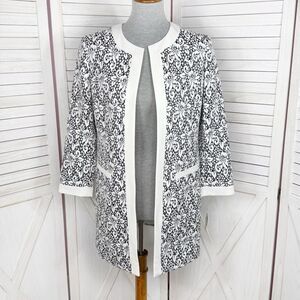 Nine West Floral Brocade Open Front Long Blazer Topper Jacket‎ Black White 2